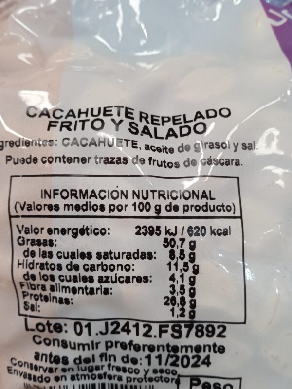 Cacahuete Repelado Frito con Sal - 1kg - Grup Berca Distribucions